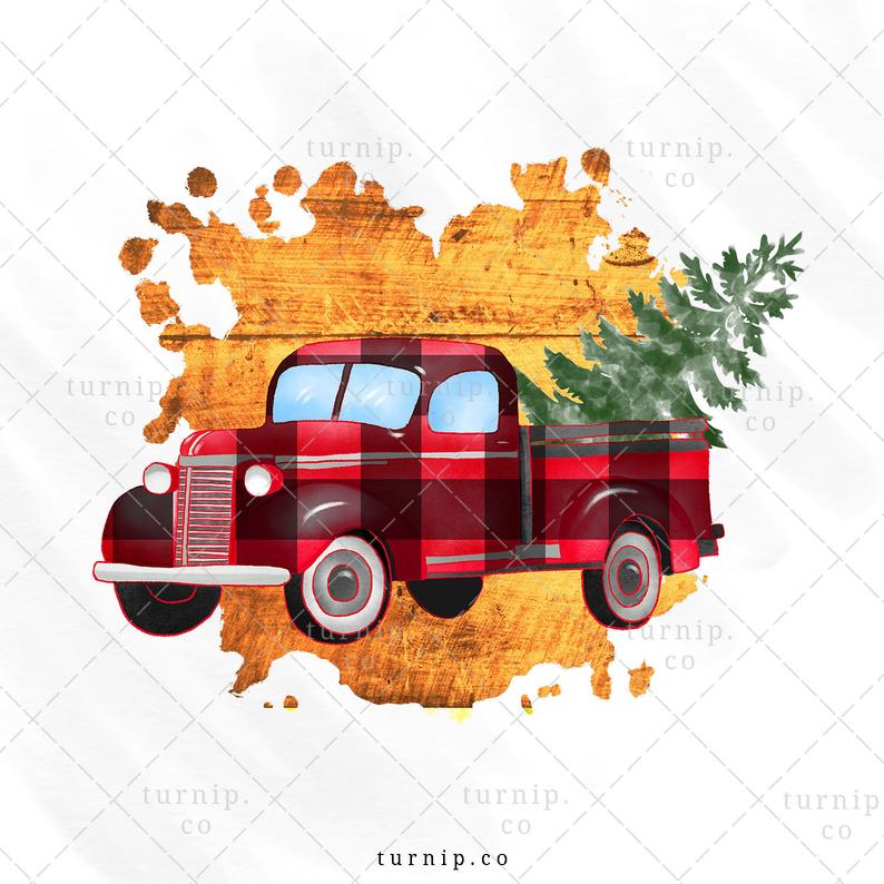 Watercolor Plaid Truck With Tree PNG Sublimation Graphics Clipart Cartoon PNG