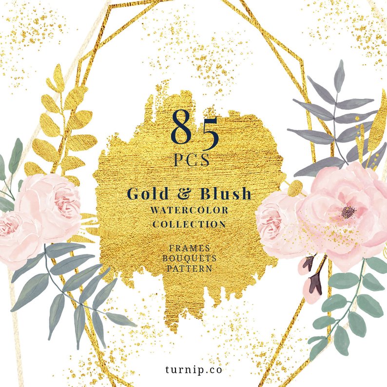 71 Blue and Gold Watercolor Collection Clipart Cartoon PNG