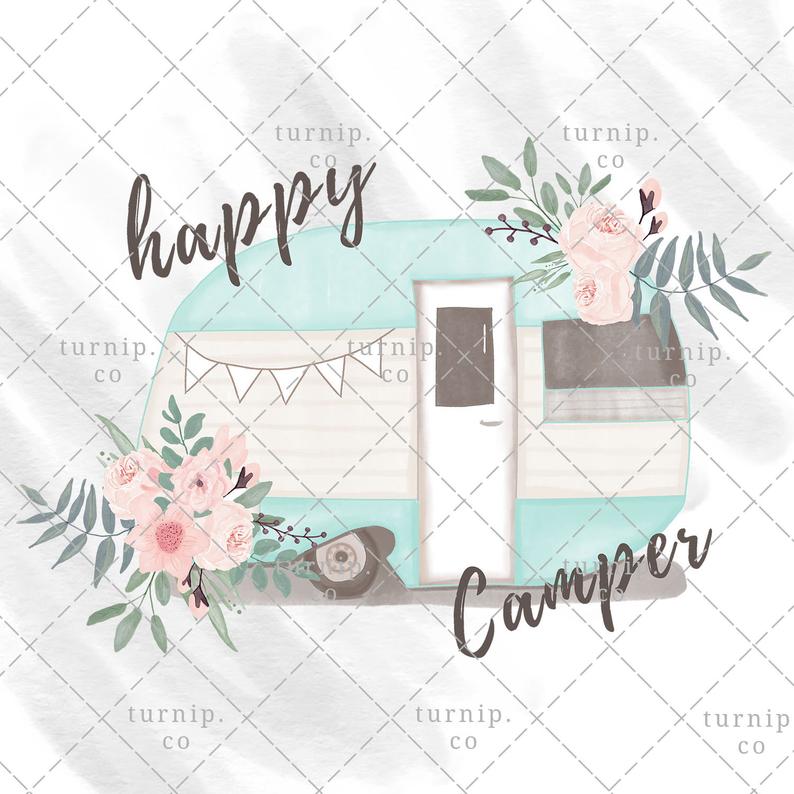 Watercolor Happy Camper Clipart PNG Sublimation Graphics Cartoon PNG