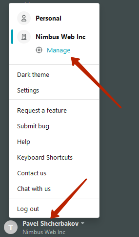 Open the bottom menu and click on Manage under the organization name.
