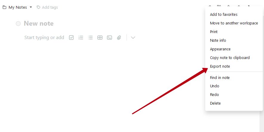 From the notes menu, choose Export note.