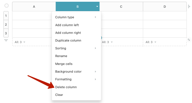 Click on the menu of the required column or row and select Delete.