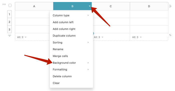 Also, you can change the color of all cells in a row or column. To do that, click on the row or column menu and select the desired color in Background color.