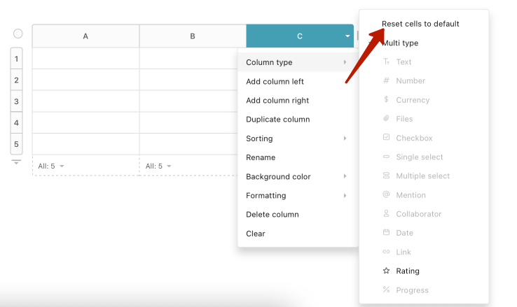 If you change cell type in a column, to avoid conflicts between a single cell and a column, changing the column type comes with a limit.