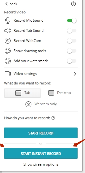 To start recording, simply press Start Instant Record in the Record Video menu.