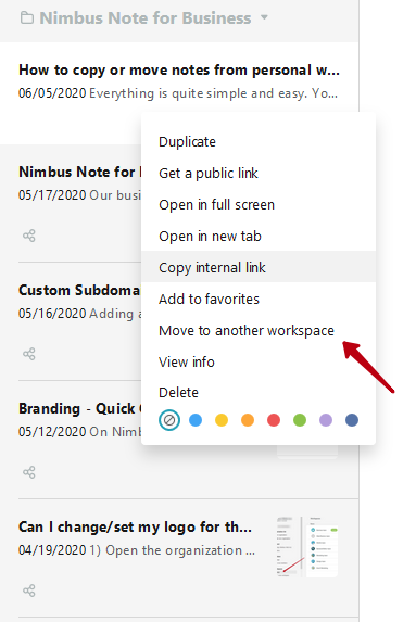First, you need to select “Move to another workspace” in the context menu of page or folder