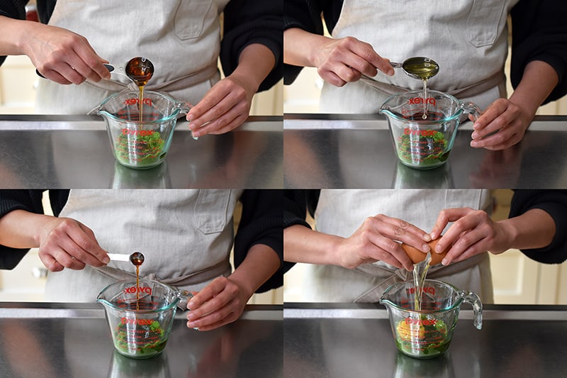 Four photos that show someone adding the liquid ingredients for gluten-free matcha mug cake in a measuring cup.