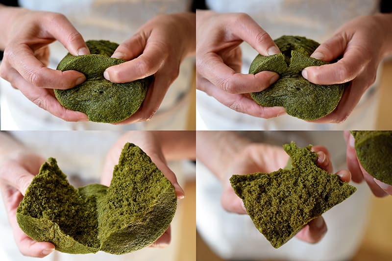 Four pictures of someone splitting a matcha mug cake in half with her hands and showing the green sponge cake texture. 