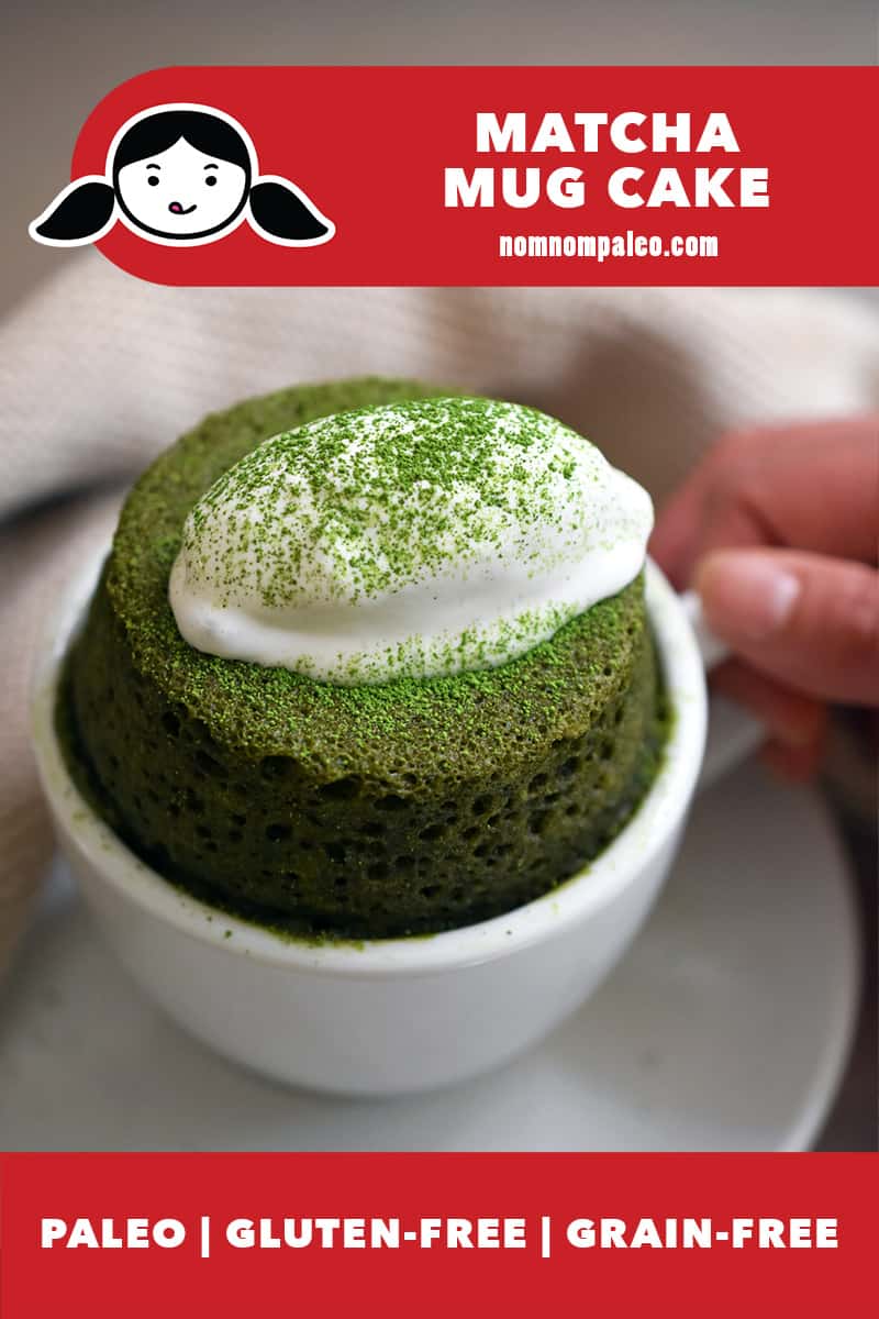 A closeup of a paleo and gluten-free matcha mug cake in a white coffee mug topped with dairy-free coconut whipped cream. A red banner says paleo, gluten-free, and grain-free.