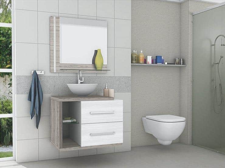 Bathroom cabinet is suspended with a wooden bench