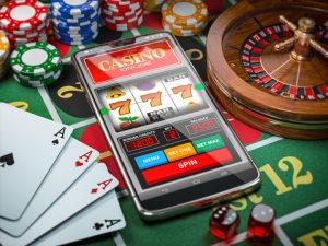 Smartphone, slot machine, dice, cards and roulette