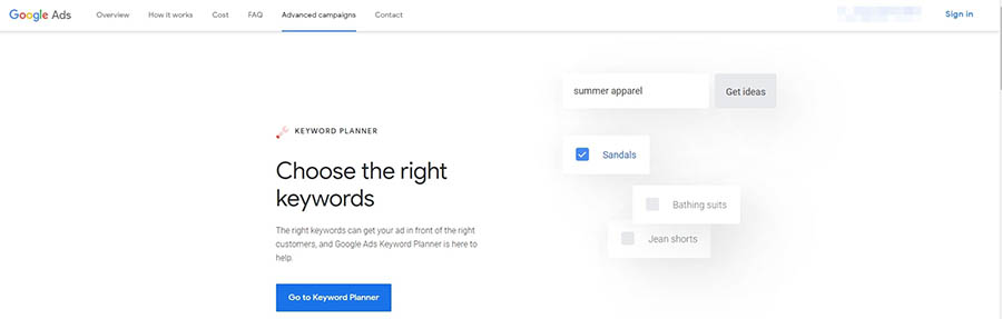 The Google Keyword Planner home page.