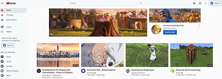 The YouTube home page.