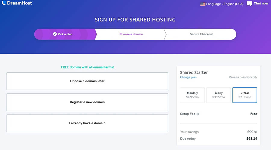 DreamHost&rsquo;s free domain with annual web hosting.