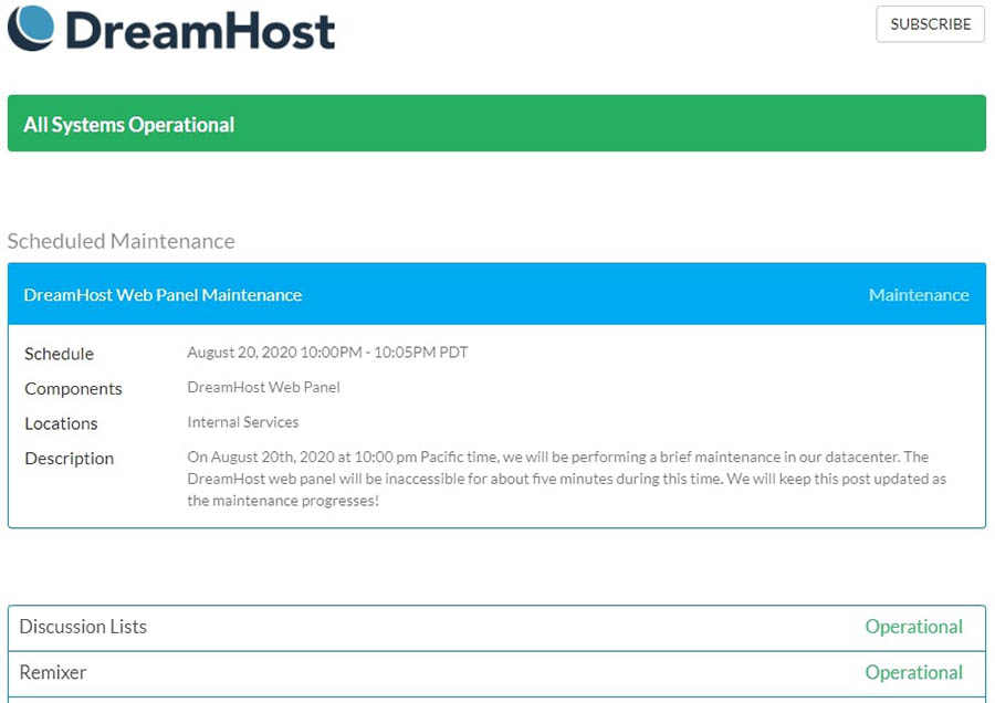 DreamHost&rsquo;s status page.