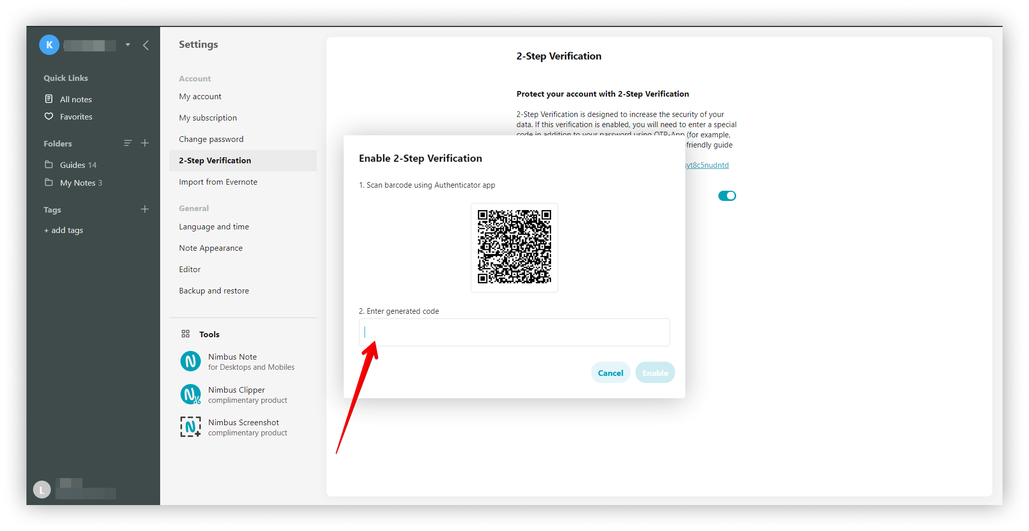 Scan barcode using Authenticator app and enter generated code. Then Press the Enable button.