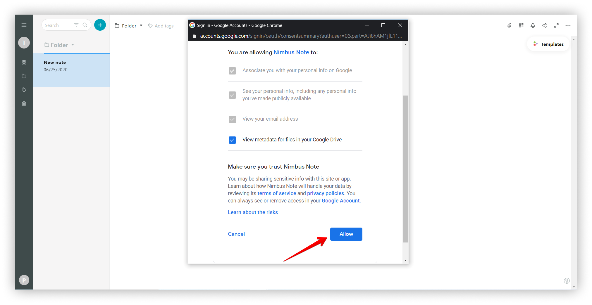 Log in to your account and give permission to Nimbus Note
