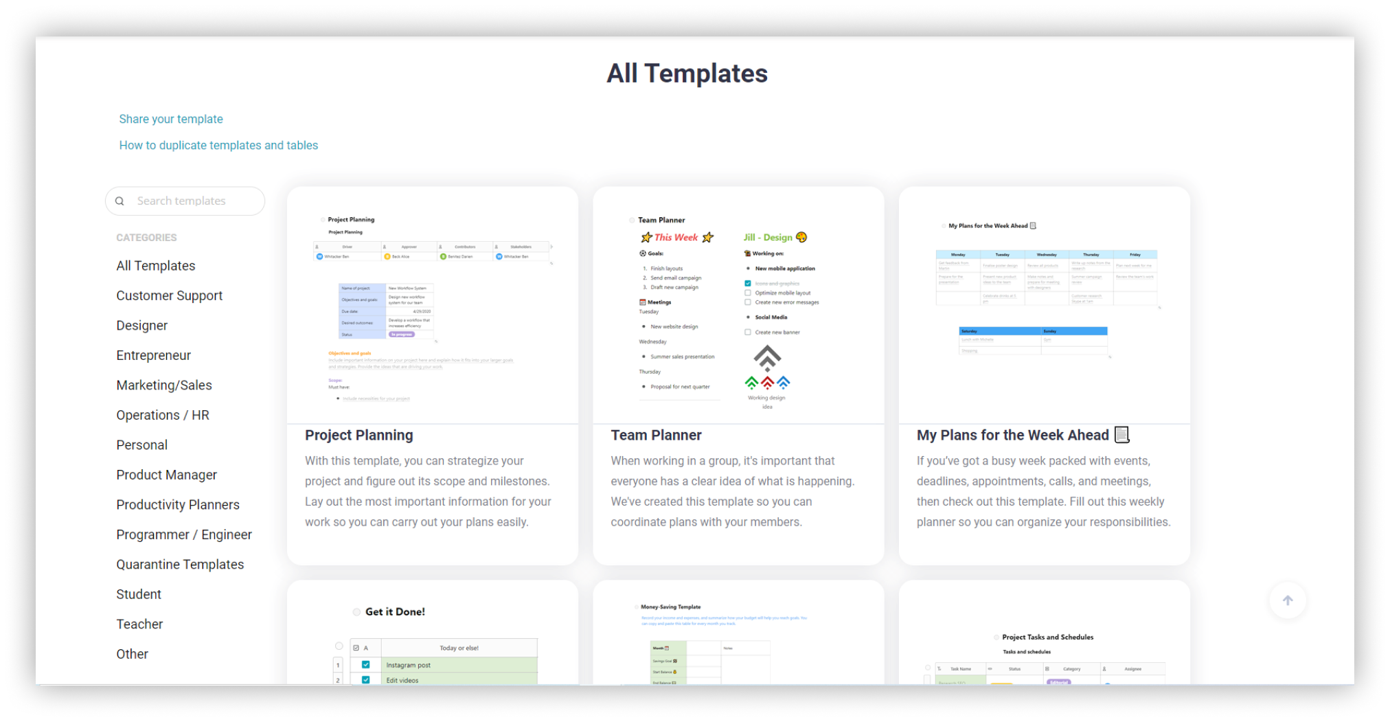 Nimbus Note has a gallery of templates for different categories