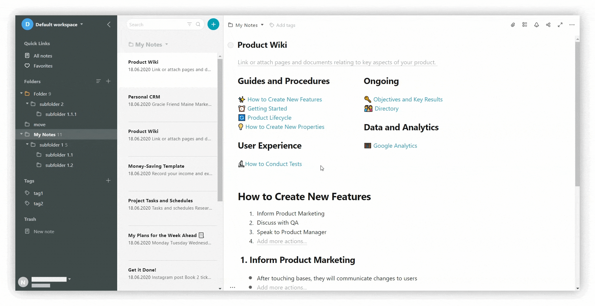 Collapse folders, move pages & folders, and change tags