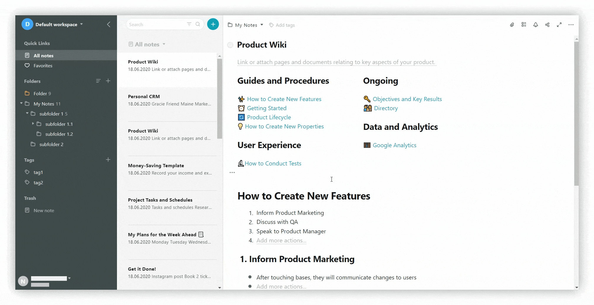 Collapse folders, move pages & folders, and change tags