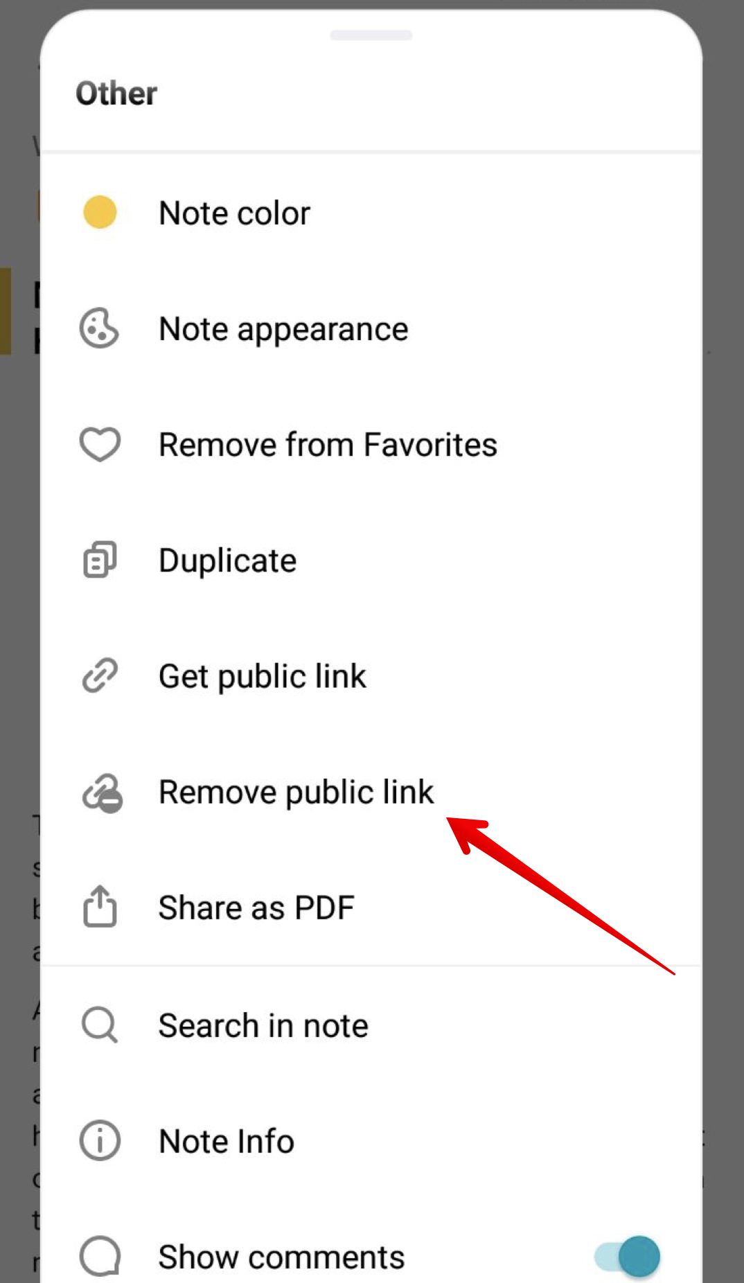To remove a previously created shared link to a page in the mobile app, use one of the following ways.