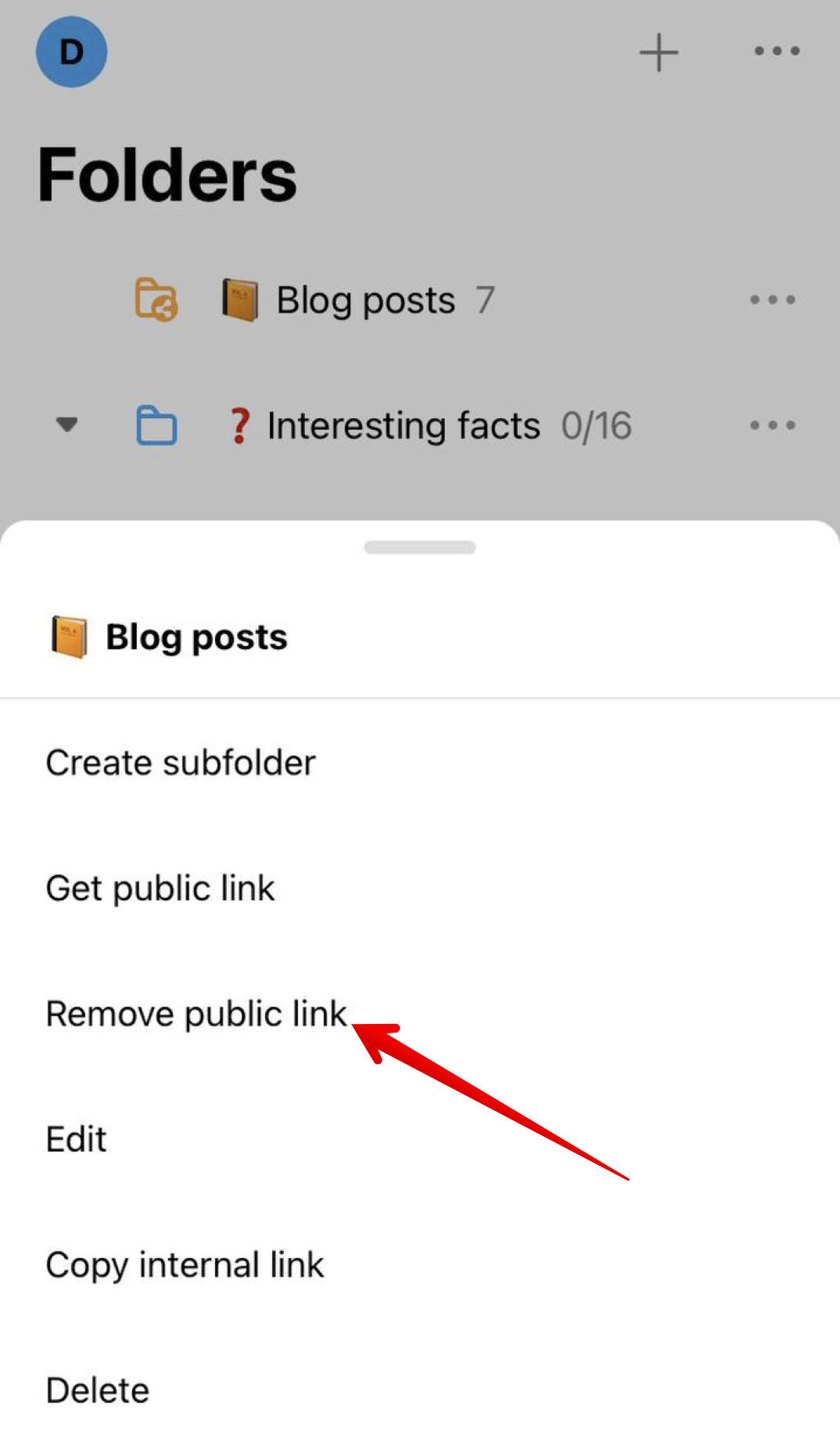 To remove a shared link from the folder / subfolders, do the following.