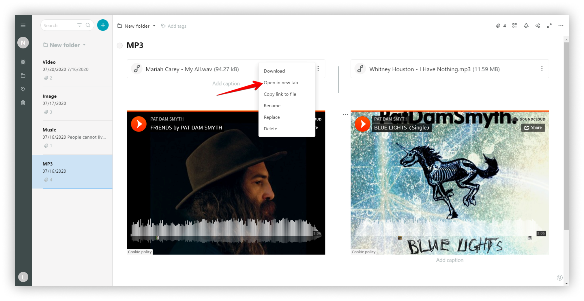 To open an audio in a new tab, click on the three dots menu and select Open in new tab.