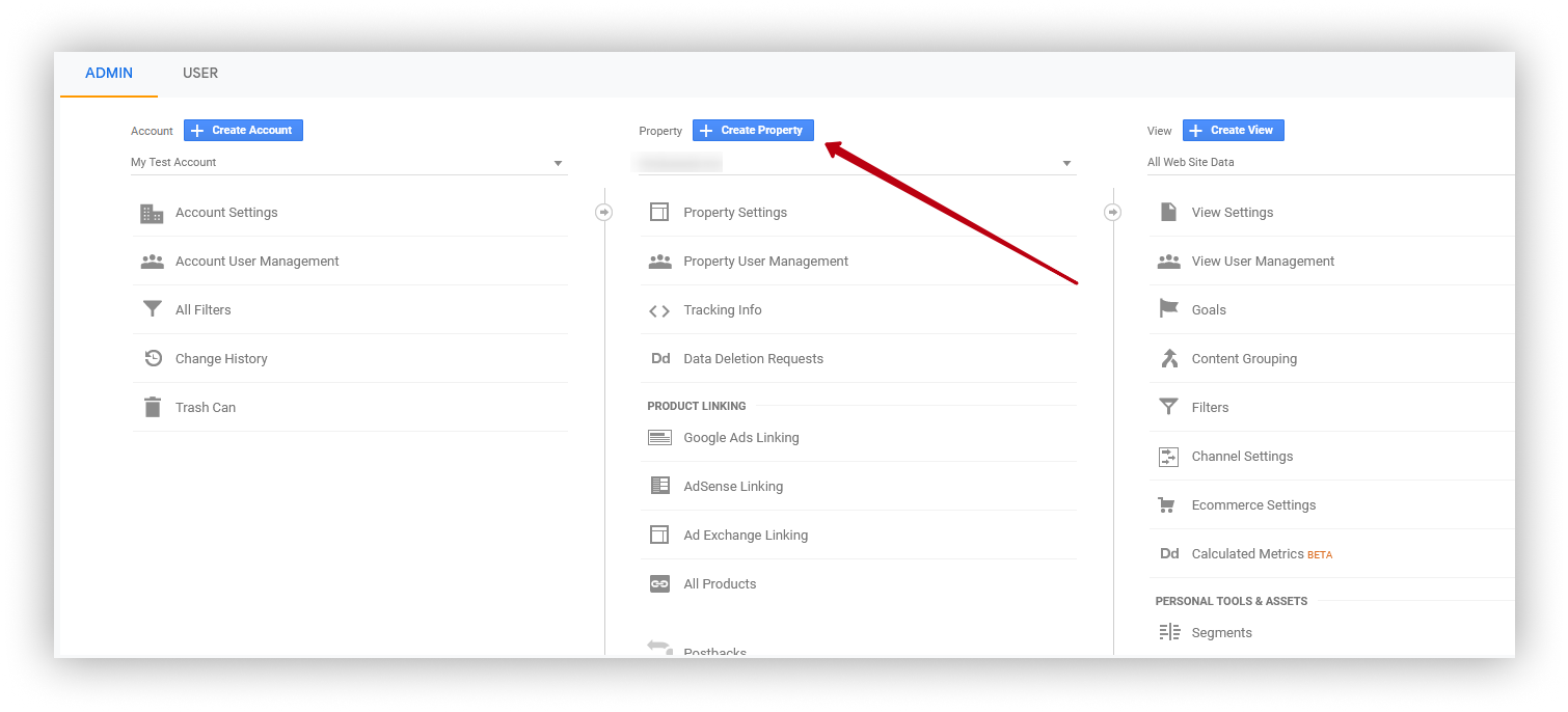 Go to account management and click on Create property (also, you can use an already created Property).