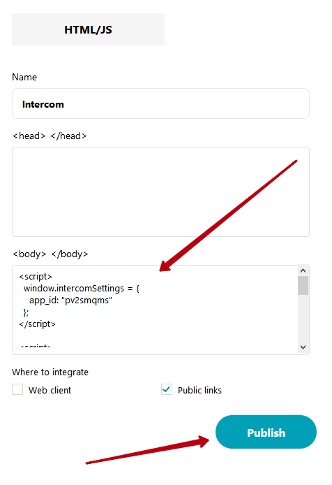 Return to the Nimbus Note organization console. Add the resulting code to the field and click Publish.