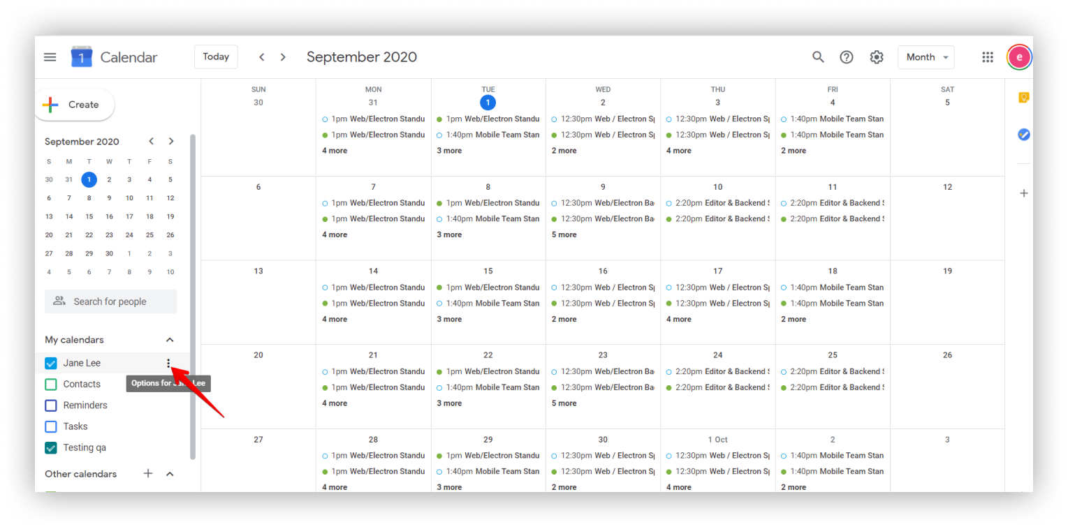 Select calendar and click on three dots menu.