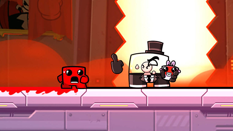 Dr Fetus makes a rude gesture in a Super Meat Boy Forever screenshot.