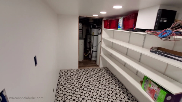 Ceramic Star Tile Flooring And Easy Track Shelving Storage In A Basement Storage Room Remodel, Remodelaholic