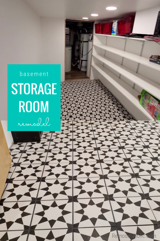 Basement Storage Room Remodel With Affordable Ceramic Star Tile Flooring And Track Shelving Storage, Remodelaholic