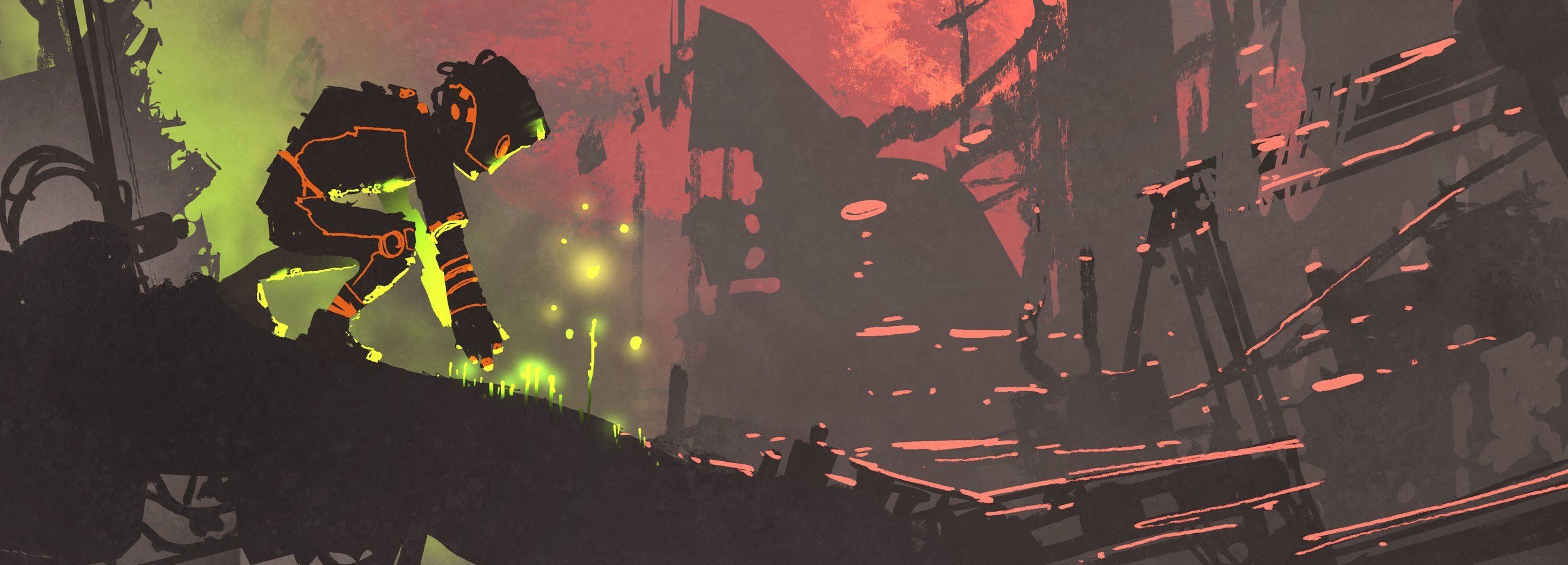 the robot planting seeds in the ruin city at sunset, illustration painting