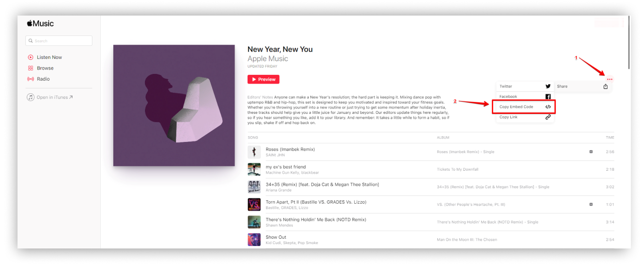 How to copy the embed code in Apple music?