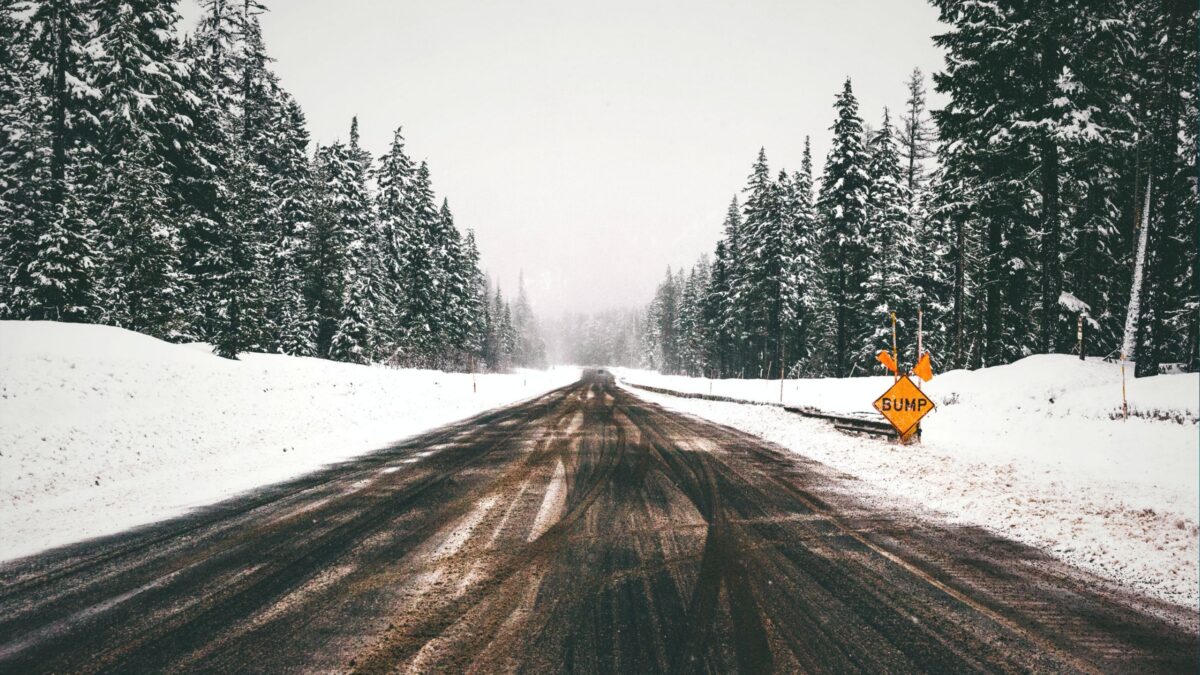 winter road and cycling wheels