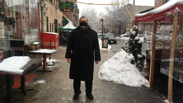 Owner Donald Minerva outside Scottadito Osteria Toscana restaurant in Brooklyn, N.Y., which has been closed for indoor dining for two months. The restaurant is reopening at reduced capacity on Valentine