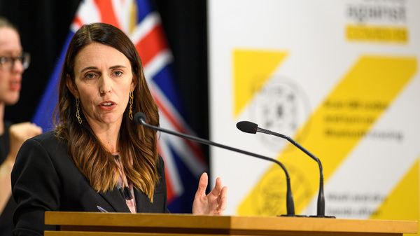 New Zealand Prime Minister Jacinda Ardern addresses media questions during a COVID-19 press conference on Feb. 14 in Wellington, New Zealand. Three new cases of the coronavirus have been confirmed in Auckland, the country