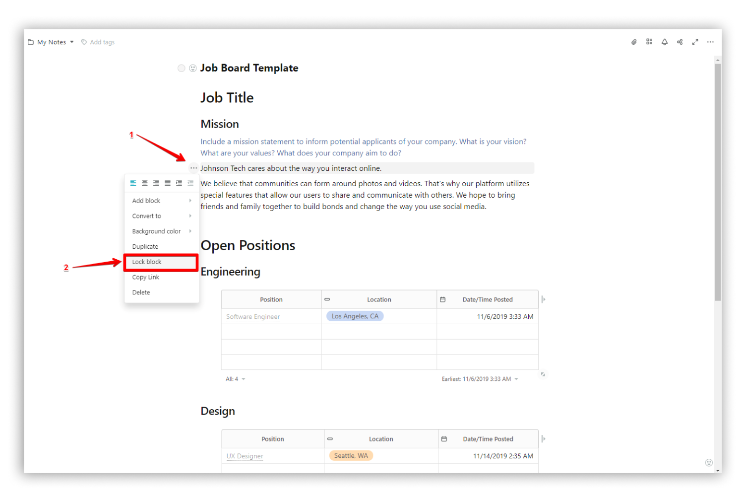 Select Lock block to deny editing.