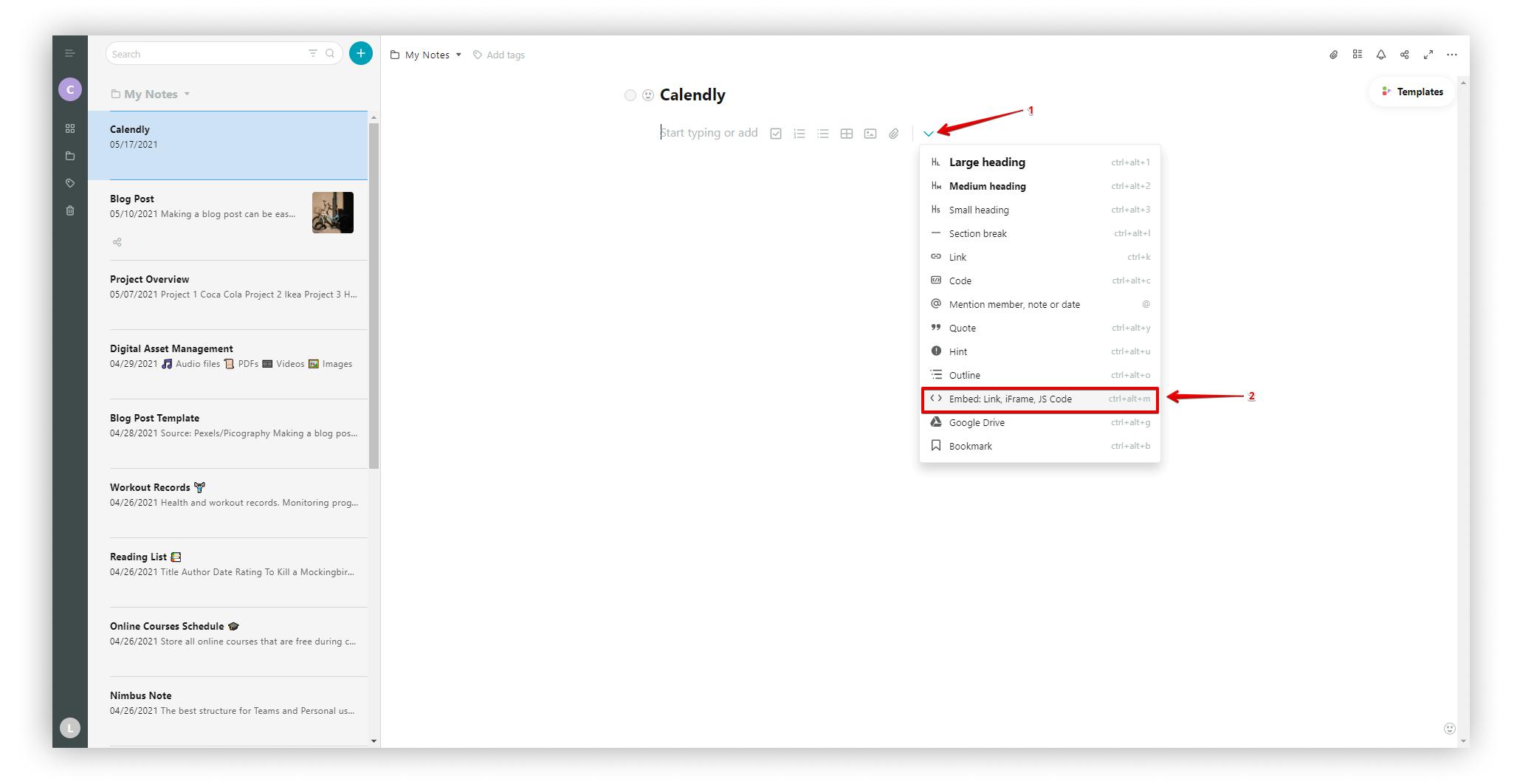 Adding Calendly embed to Nimbus Note