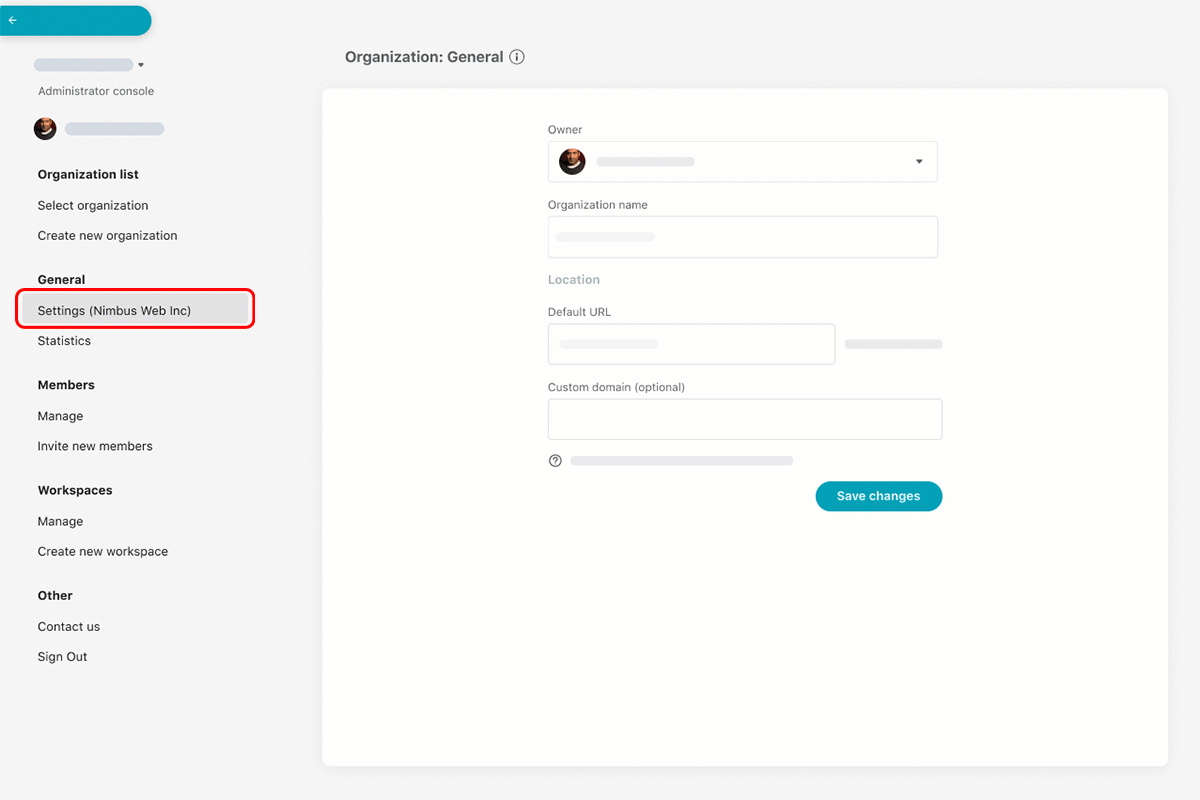 Nimbus Business organizations, unlike Personal ones, have a higher level of management, which can be accessed in the Organization Console.