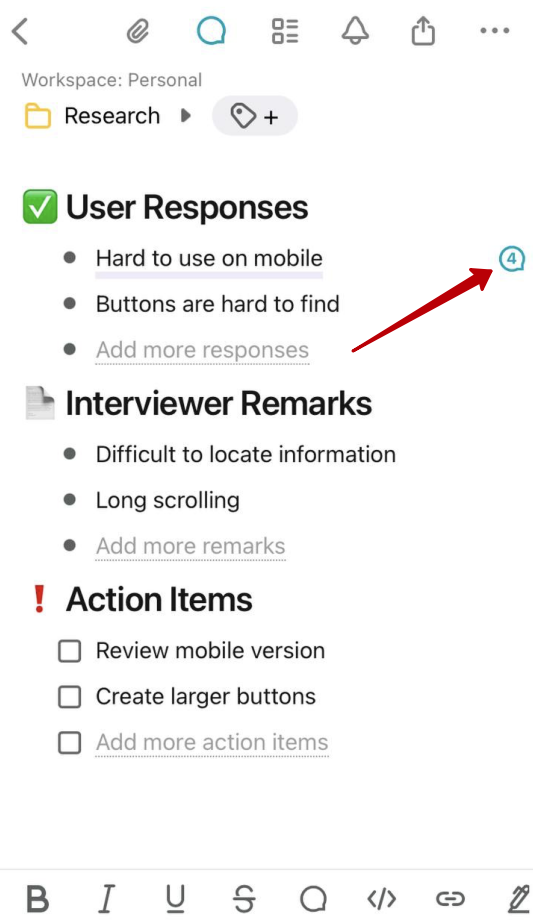 To view a comment for a desired block, tap on the comment icon, which can be found to the right of the block.