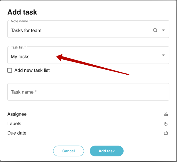If you want to add a task to an existing task list, select it from the list -