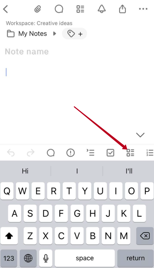 To create a task list, tap on the Task list icon in the panel inside the editor