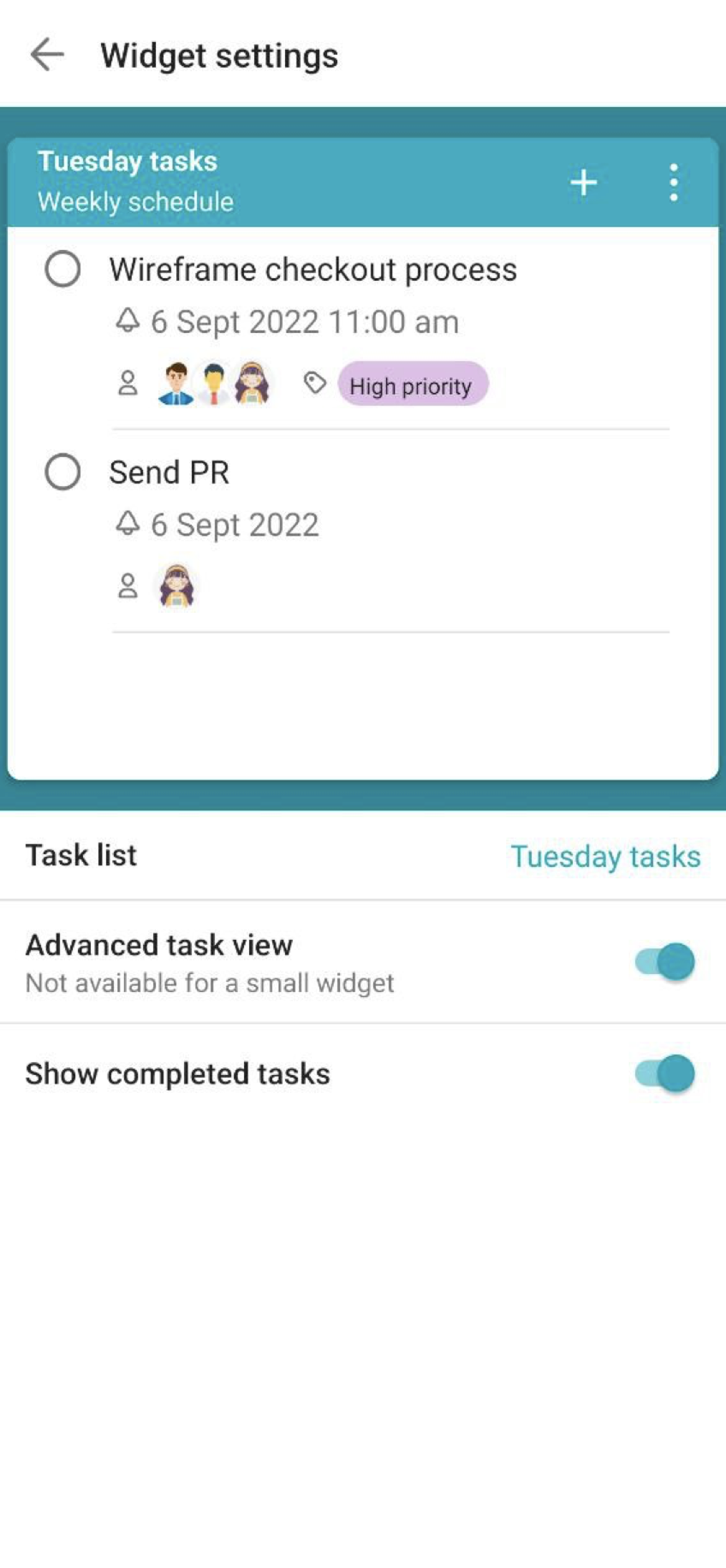 For this widget, you can configure the displaying of additional task options (Due date, Assignees, Labels) and hide or display completed tasks.