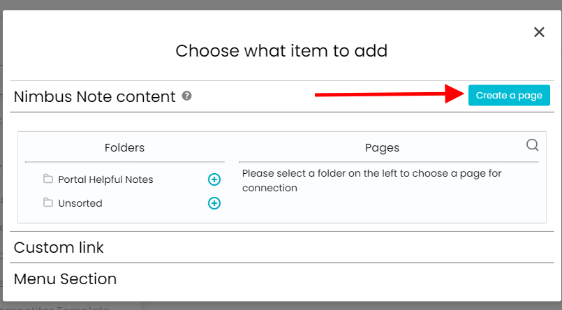 If you need to create a new page for your portal, click on the button "Create Page" and you will be redirected to Nimbus Note in a new tab. You need to click on ' + Page' there.
