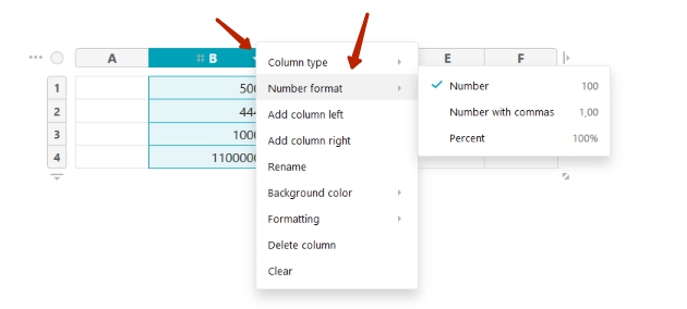 You can enter data in the form of numbers in the column cells. 