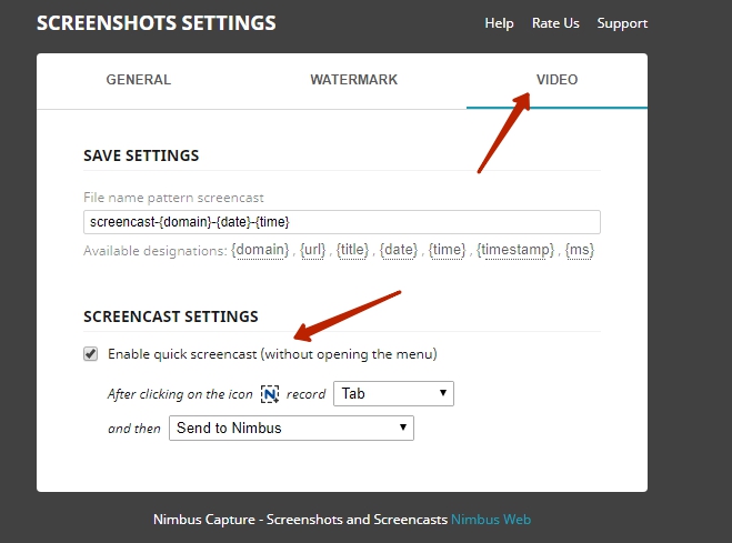 Open application settings and go to the Video tab, then activate the Quick screencast option.