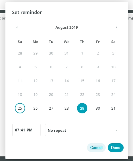 Select a date and specify the time. Set the reminder to repeat if needed.