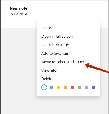 Right-click on note/folder - Move to other workspace